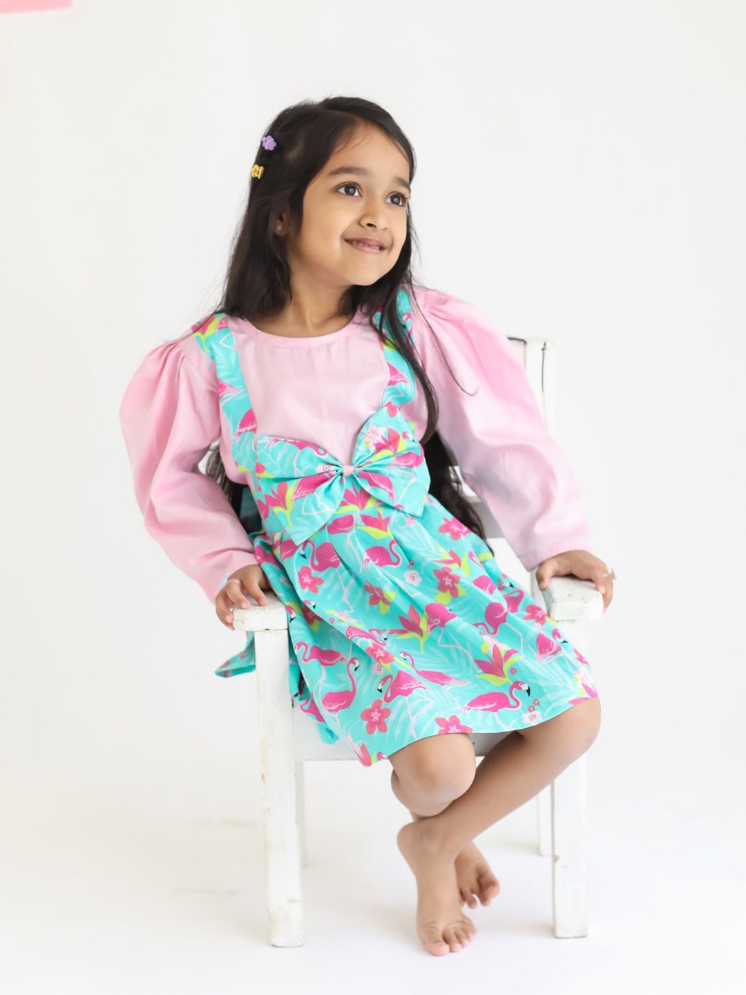 

Klingaru Girls Puffed Full Sleeves Famingo Printed A-Line Dress, Pink