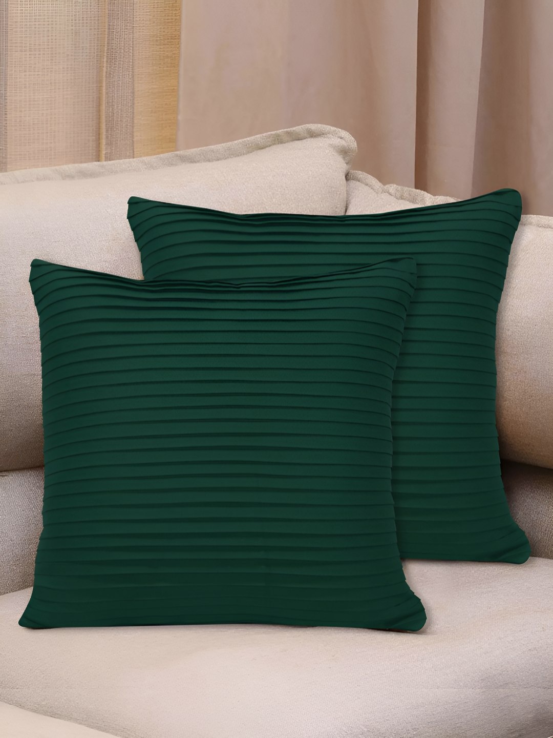 

HOME COLORS.IN Green 2 Pieces Striped Square Pure Cotton Cushion Covers