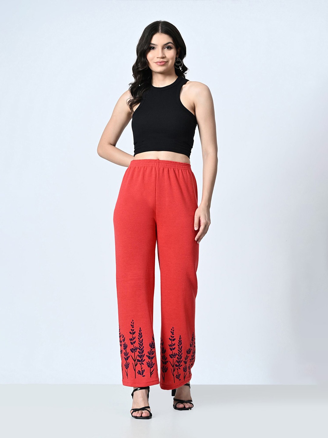 

BAESD Women Floral Printed Knitted Palazzos, Coral