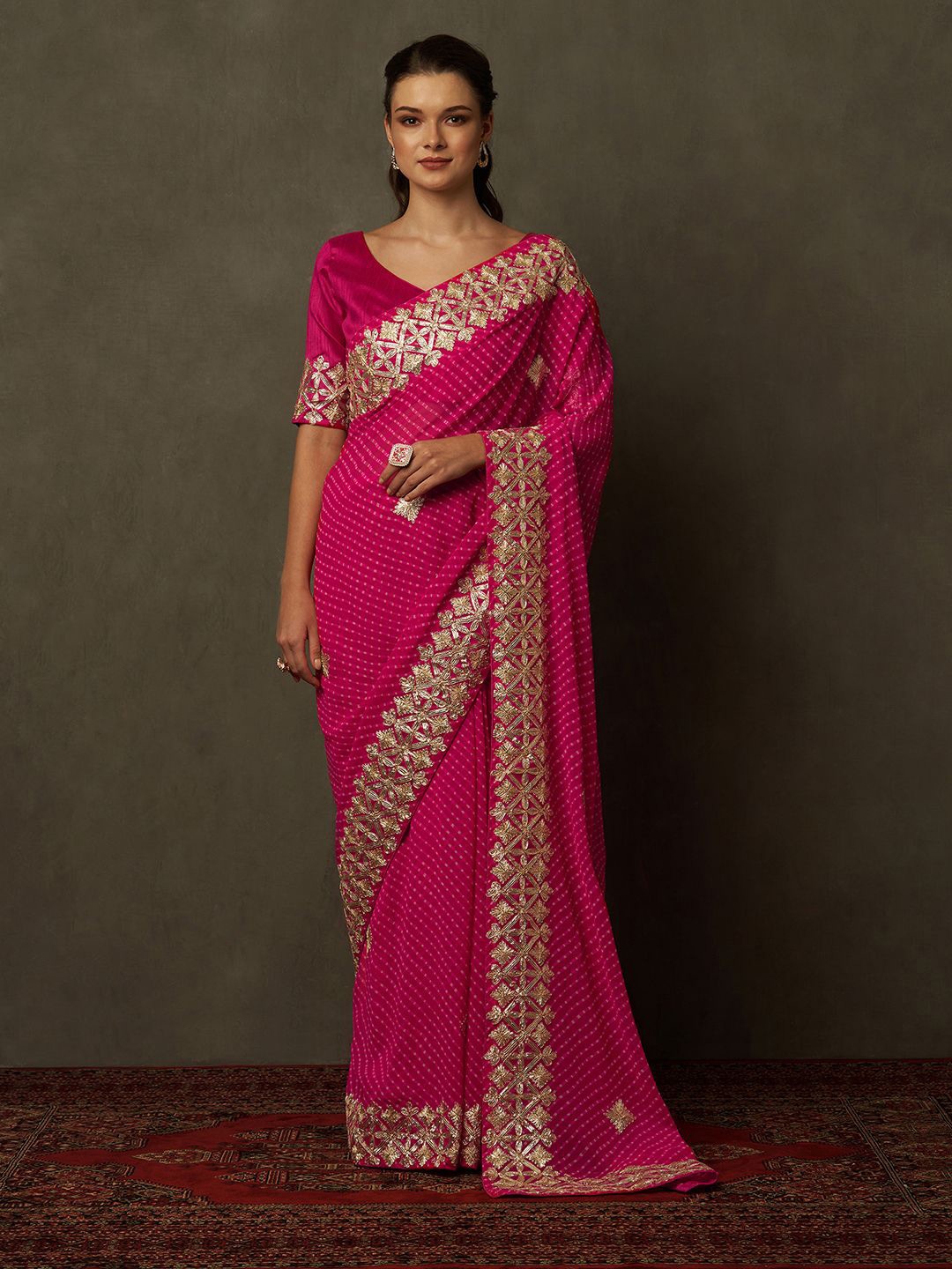 

Saree mall Bandhani Gotta Patti Poly Georgette Bandhani Sarees, Pink