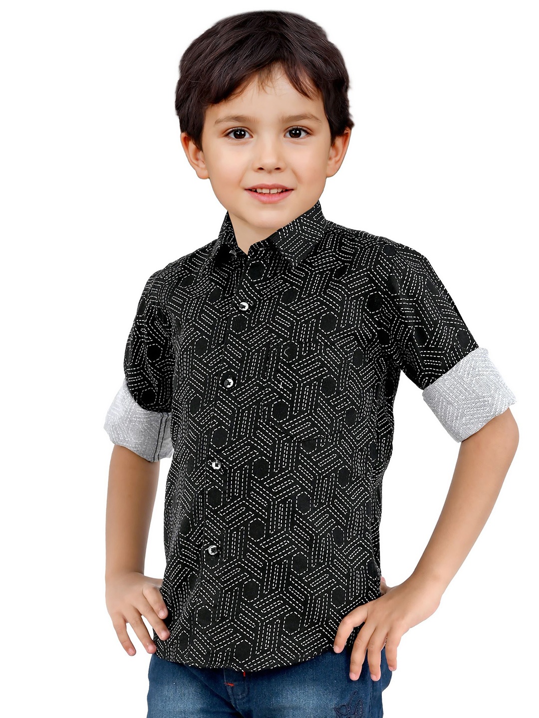 

BAESD Boys Spread Collar Abstract Printed Cotton Casual Shirt, Black