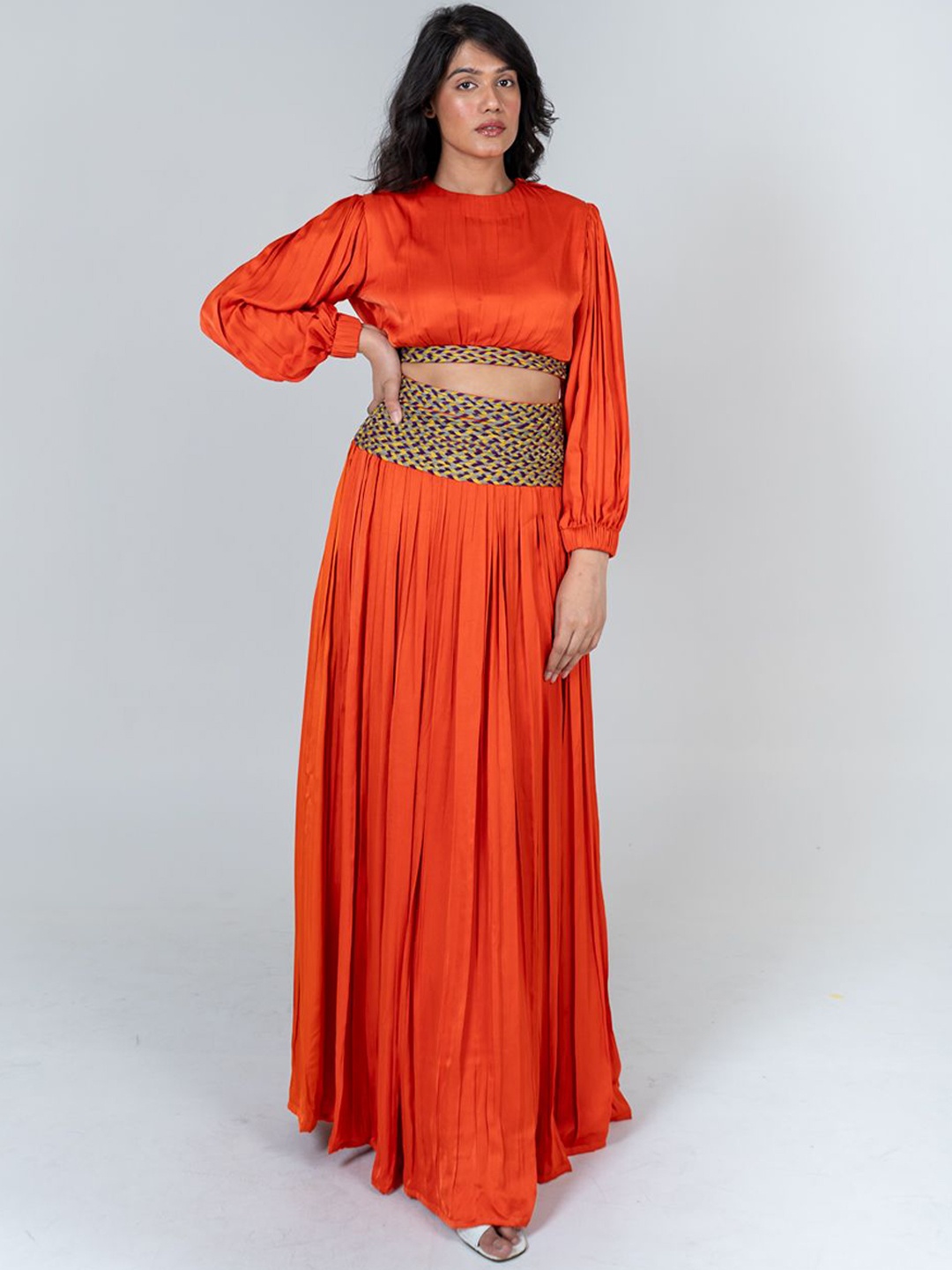 

Neora Round Neck Puff Sleeves Crop Top With Skirt, Orange