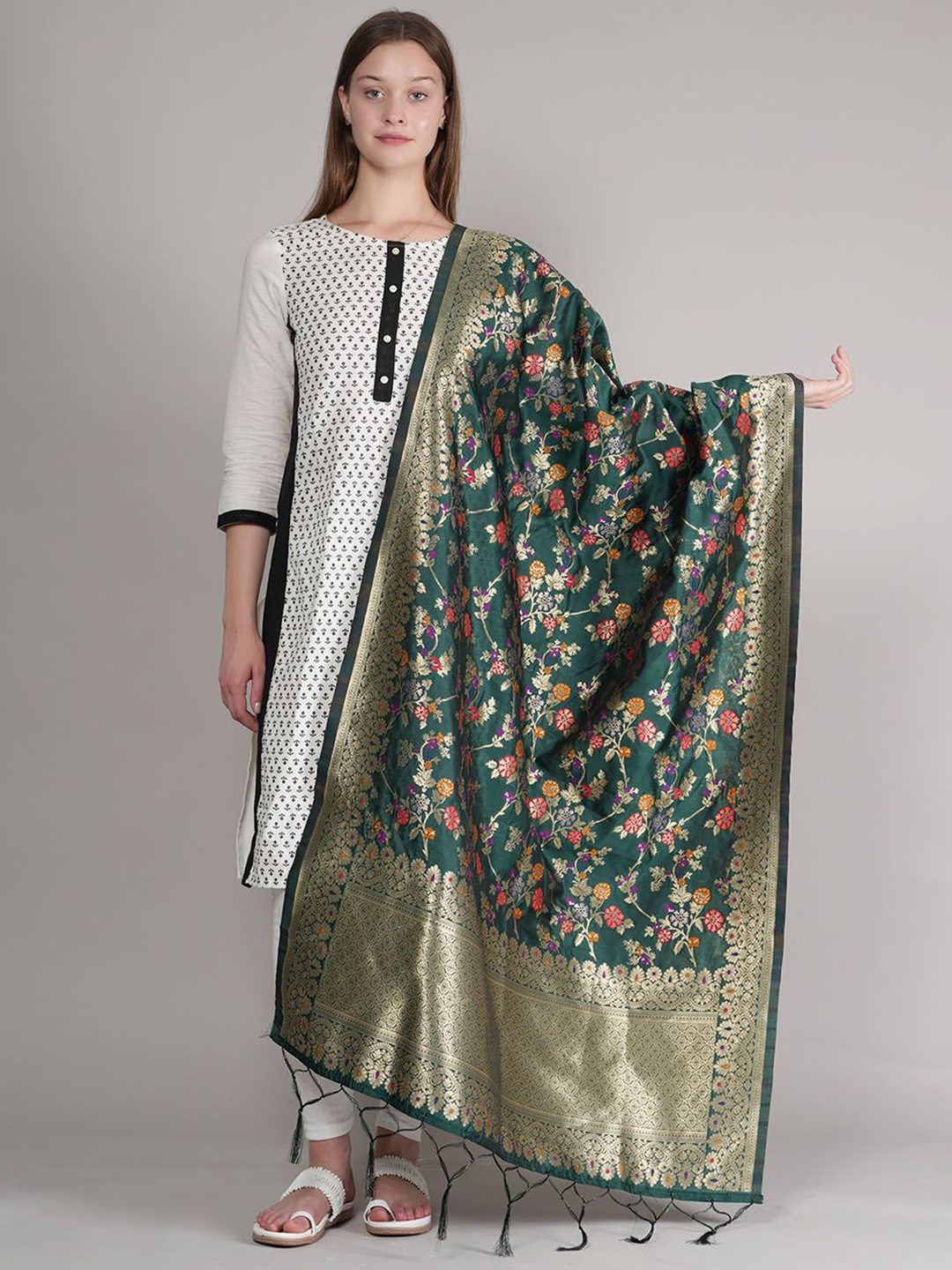 

MUFFLY Floral Woven Design Dupatta With Zari, Green