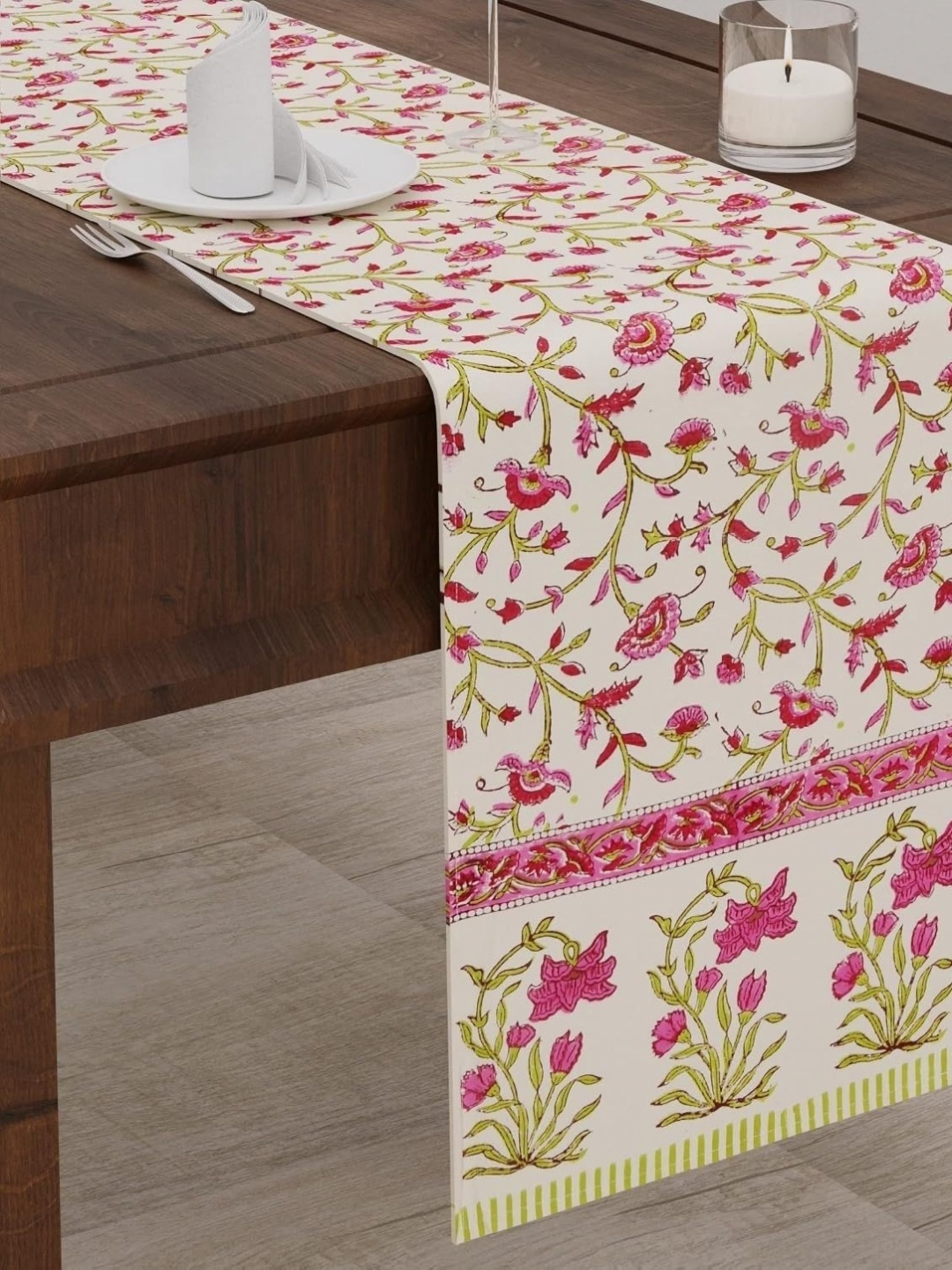 

BLOCKS OF INDIA Green & Pink Floral Printed Pure Cotton Table Runner