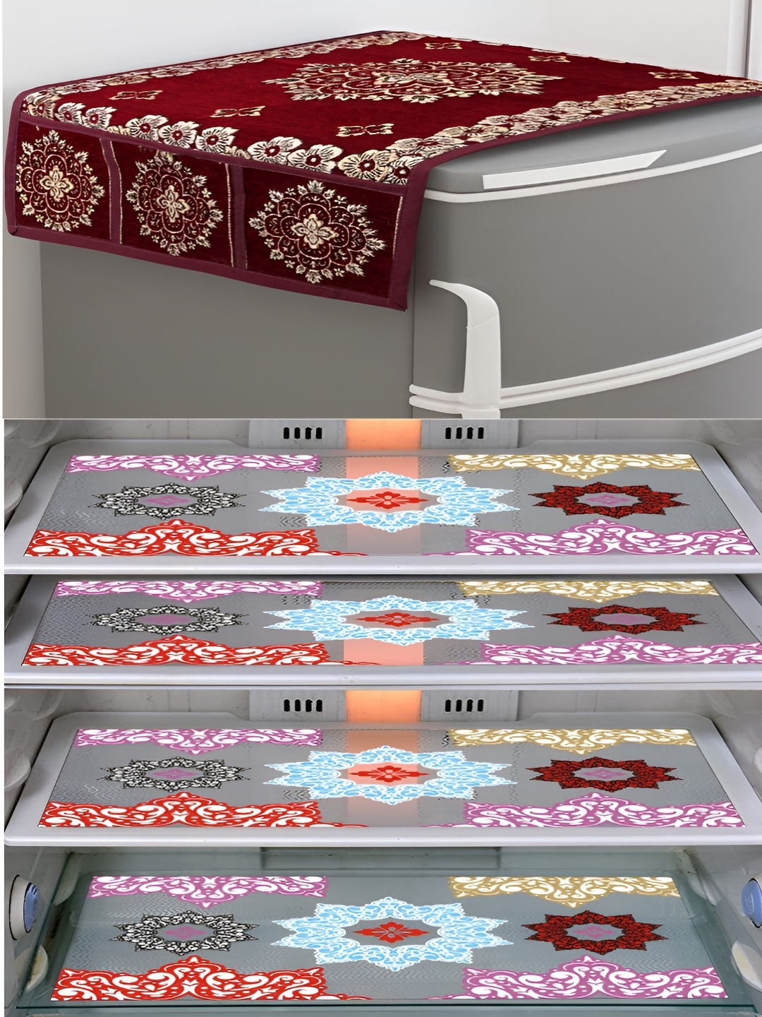 

Dakshya Industries Red & Yellow 5 Pieces Floral Printed Fridge Mats & Top Cover, Purple