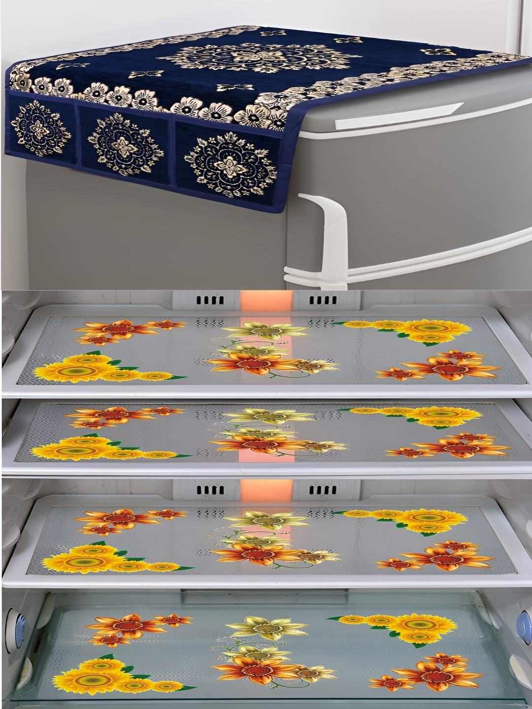 

Dakshya Industries Yellow & Green 5 Pieces Printed Fridge Cover With Mats