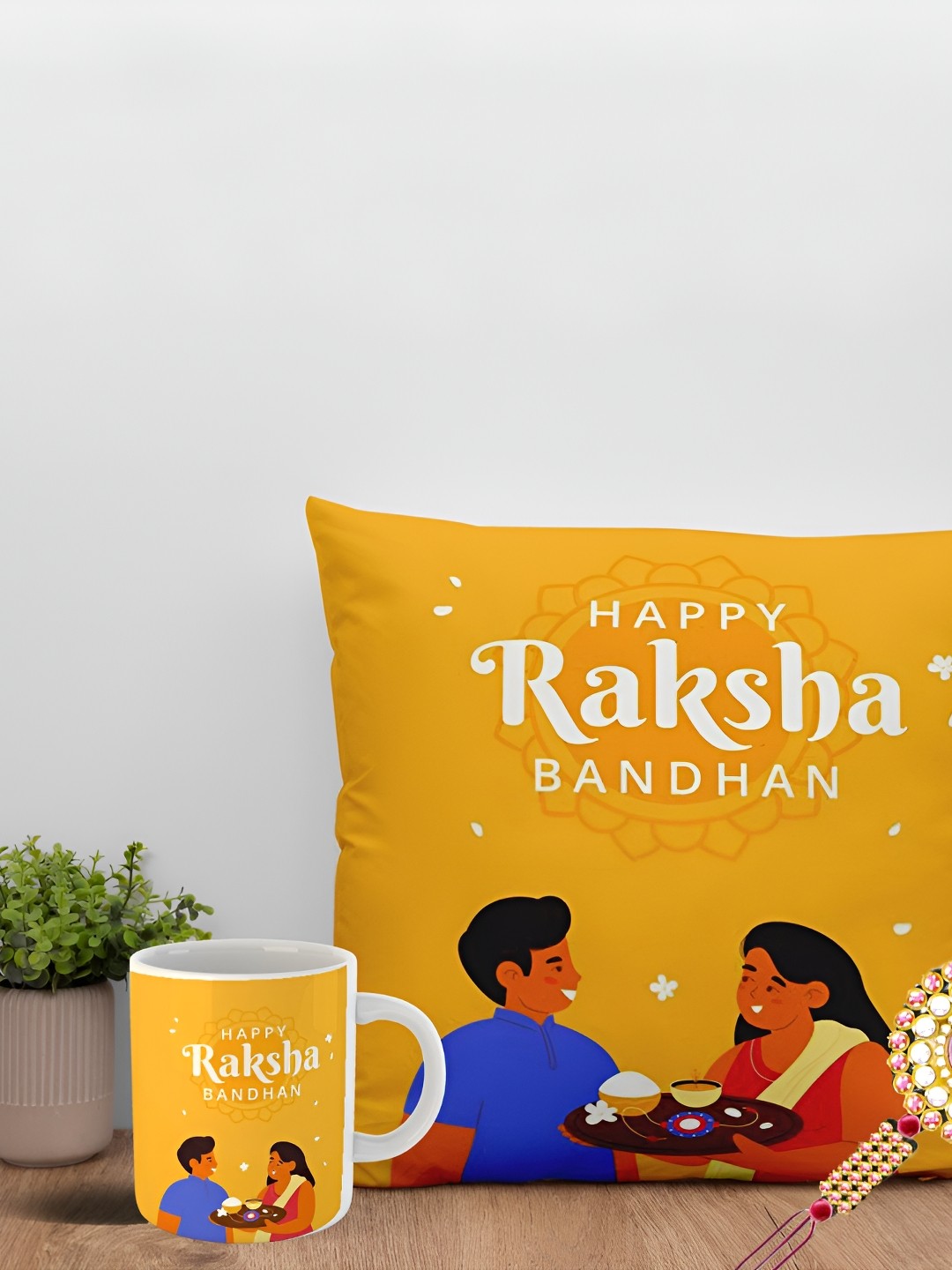 

ARTBUG Set Of 3 Rakhi With Printed Mug & Cushion, Gold