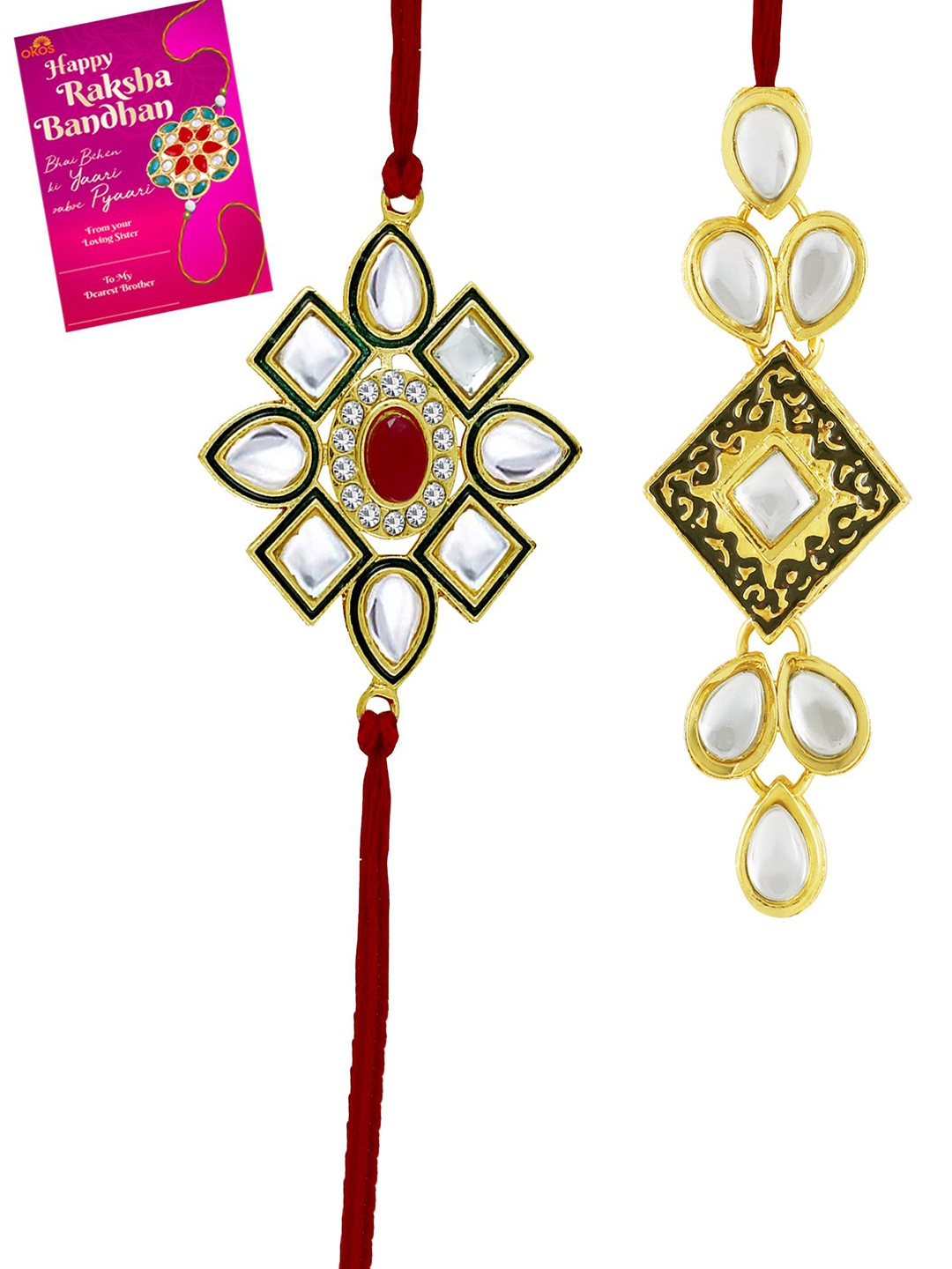

Okos Set of 2 Gold Plated Oxidised Rakhi and Lumba With Greeting Card