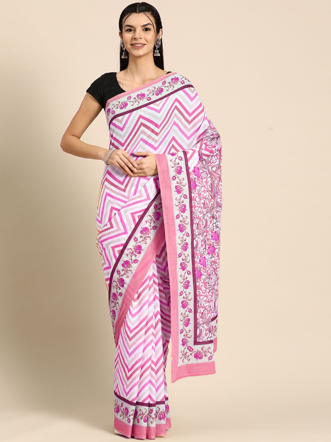 

BUTA BUTI Geometric Printed Pure Cotton Saree, Pink