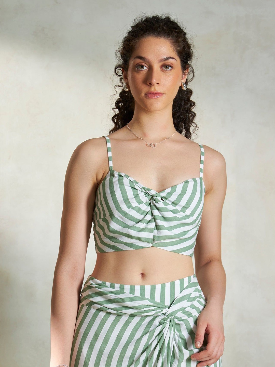 

Virgio Women Striped Sweetheart Neck Crop Length Sleeveless Viscose Top, Green