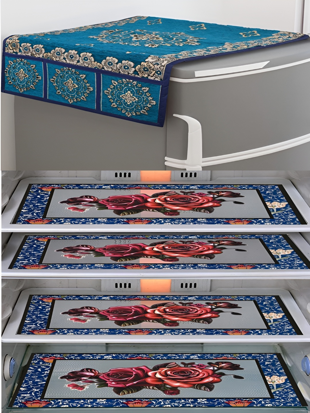 

LooMantha Red & Blue 5 Pieces Printed Fridge Cover With Side Storage & Fridge Mat