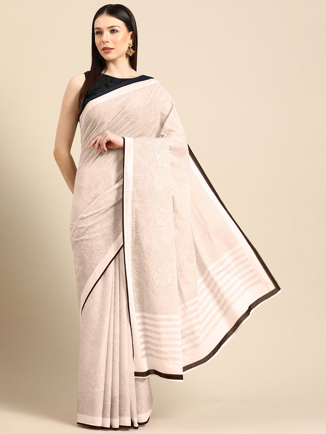 

BUTA BUTI Floral Pure Cotton Saree, Brown