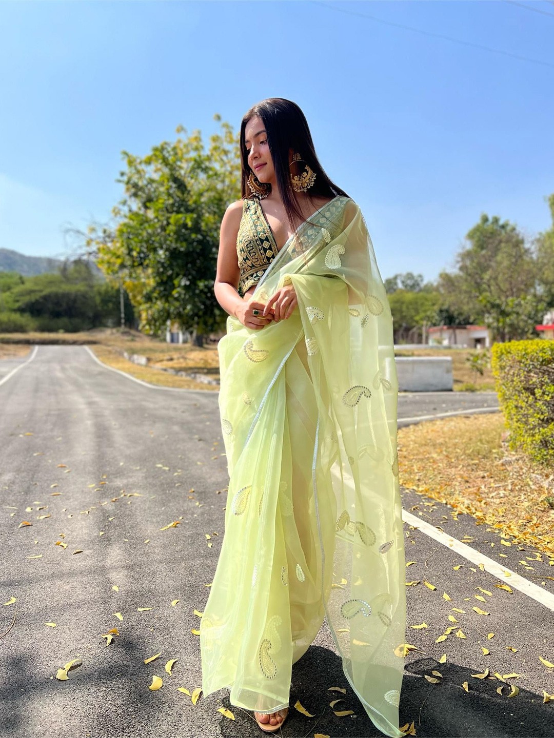 

Mitera Embroidered Organza Saree, Green