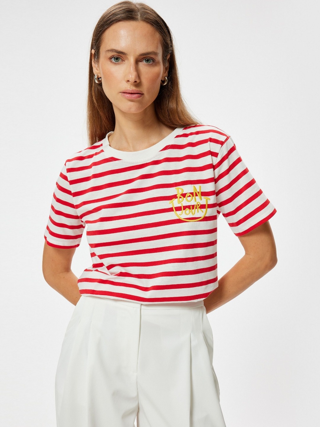 

Koton Women Striped Round Neck Cotton T-Shirt, Red
