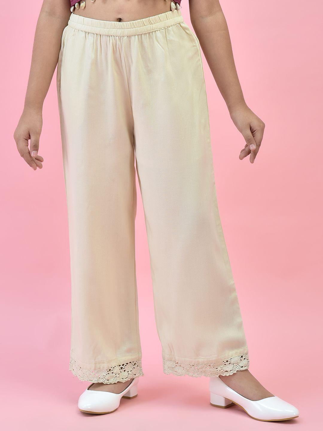 

Juniper Girls Liva Solid Palazzos with Lace Hem & Elasticated Waist, Beige