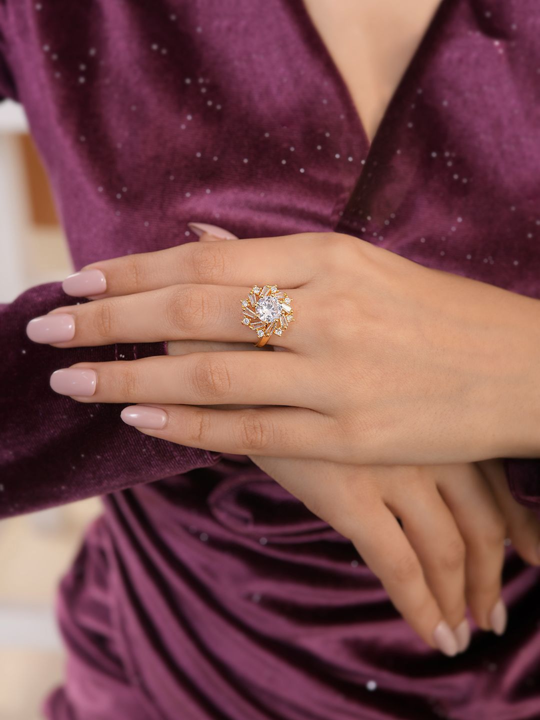 

Voylla Gold-Plated Sparkling Elegance Eternal Shine American Diamond-Studded Finger Ring
