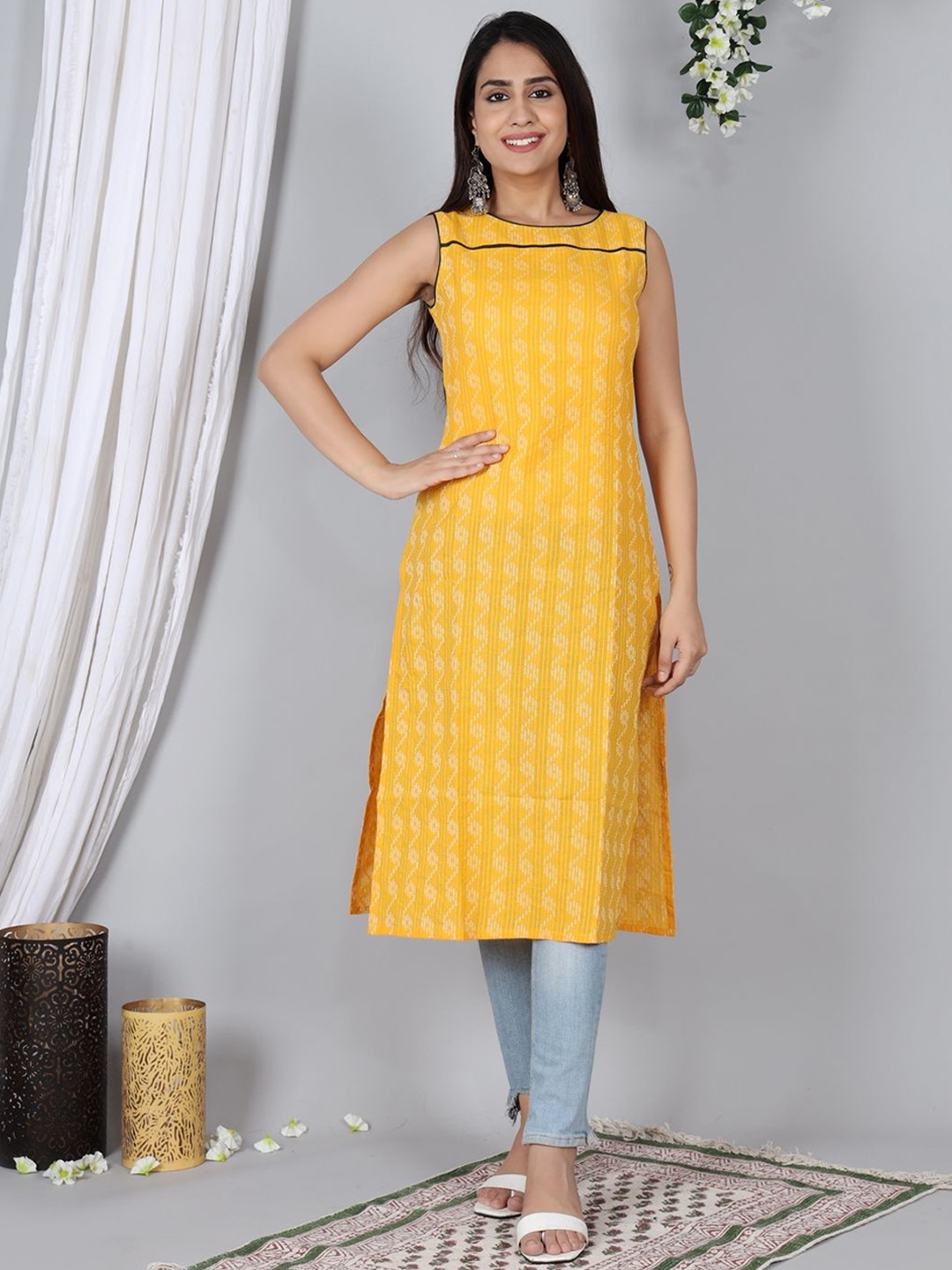 

Shiv ali apparels Geometric Striped Sleeveless Cotton A-Line Kurta, Yellow