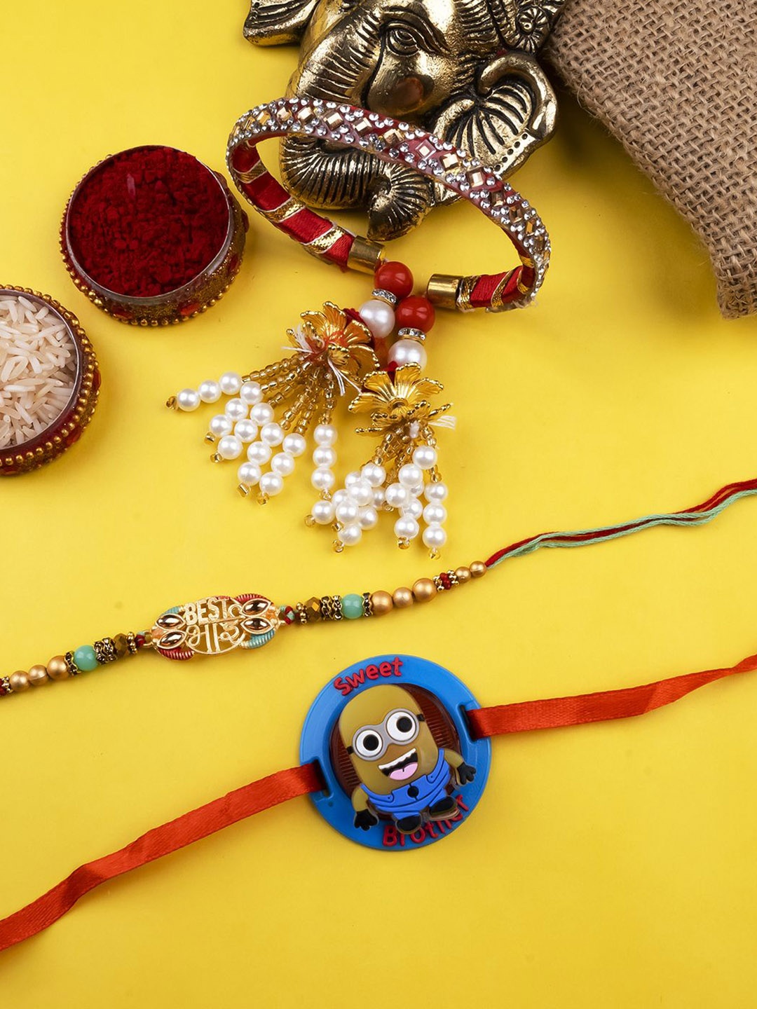 

StileAdda Set Of 3 Beaded Rakhis With Roli Chawal, Gold