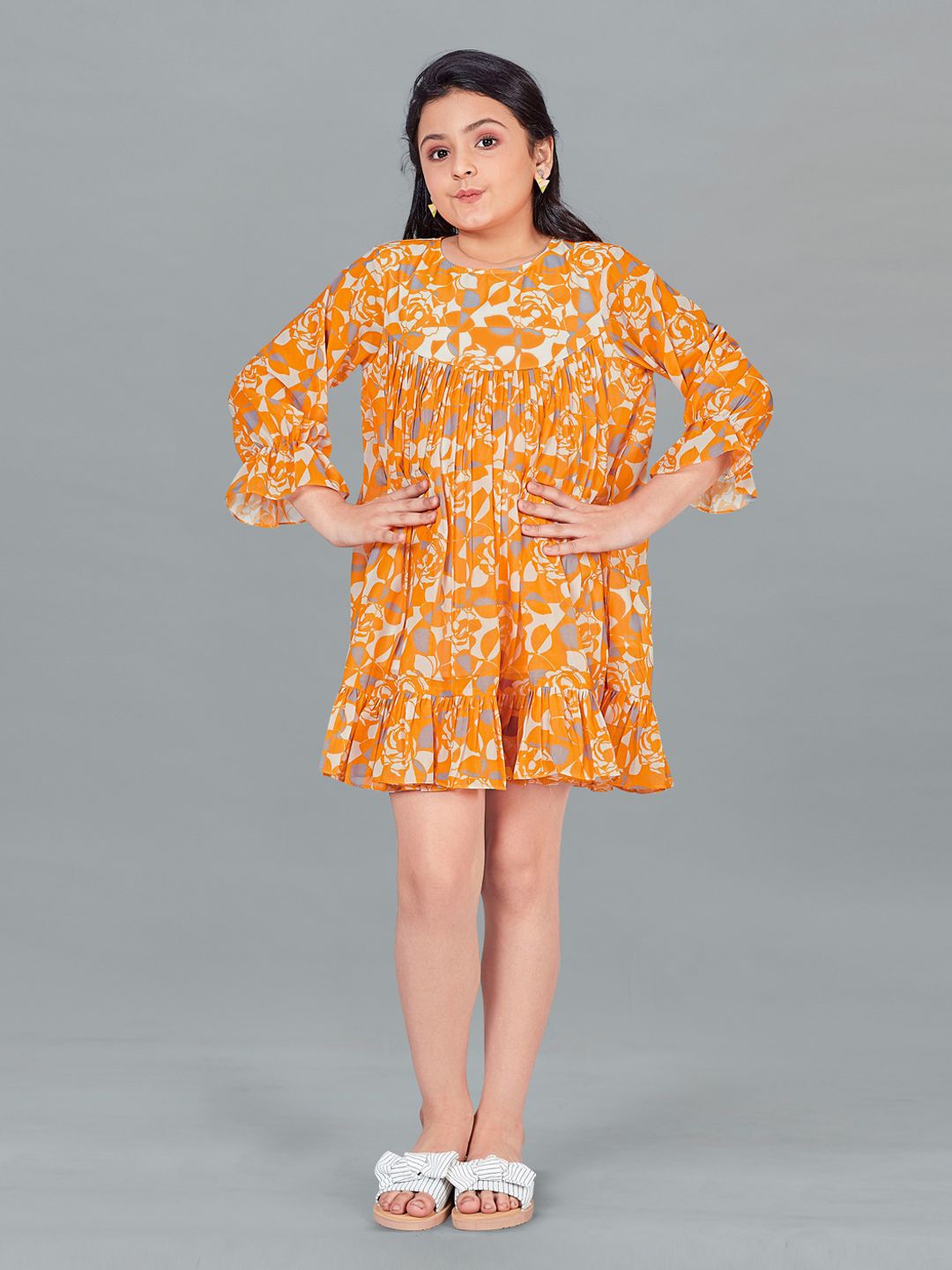 

BAESD Girls Bell Sleeve Ruffled Abstract A-Line Dress, Orange