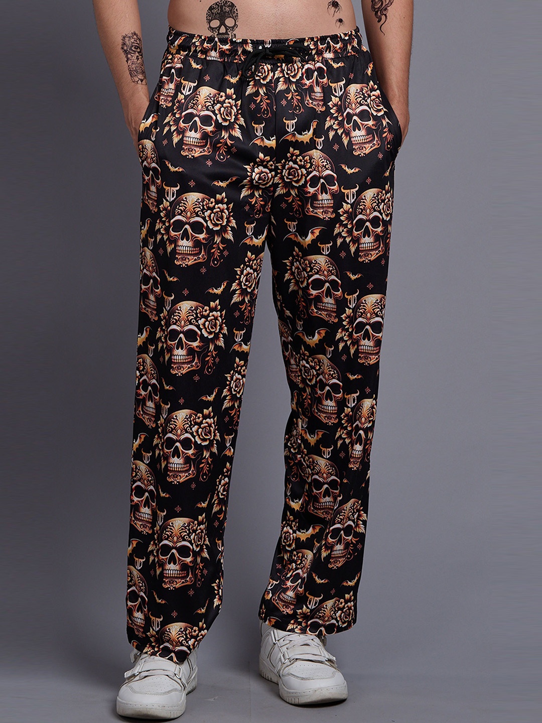 

GO DEVIL Men Abstract Printed Original Loose Fit High-Rise Trousers, Black