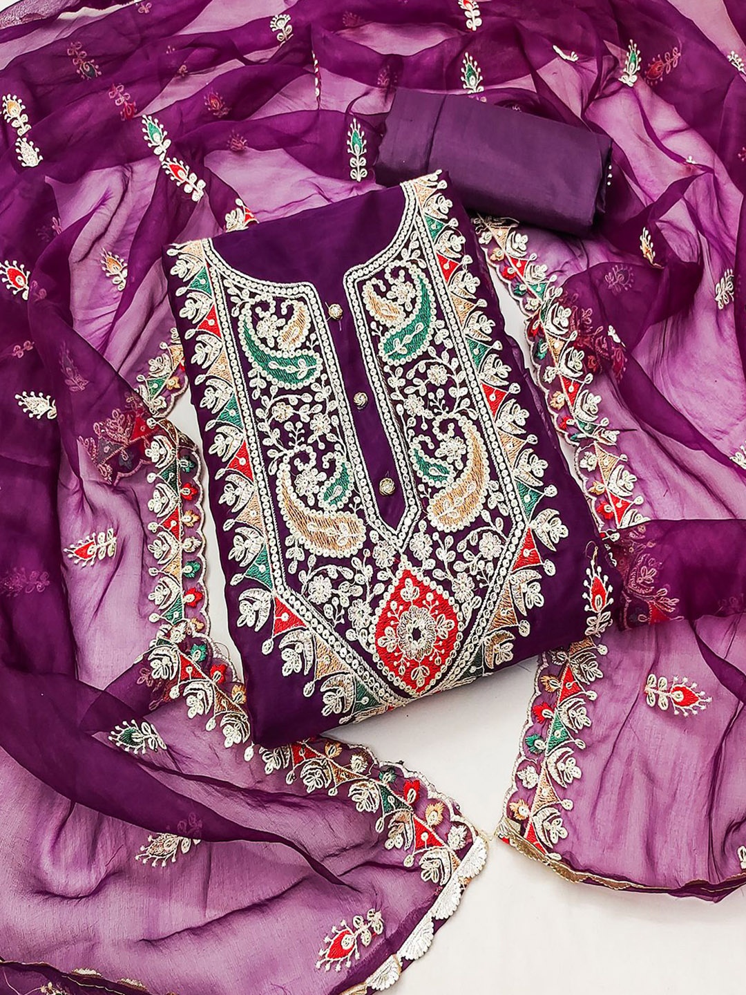 

Lilots Ethnic Motifs Embroidered Organza Unstitched Dress Material, Violet