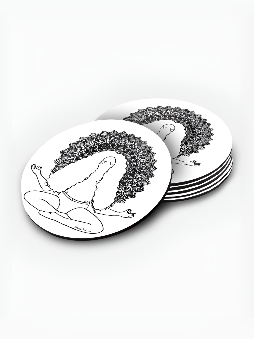 

macmerise White & Black 6 Pieces Printed Round Wood Coasters
