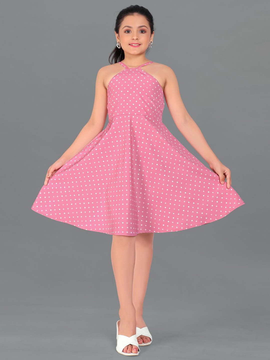 

BAESD Girls Polka Dot Printed Halter Neck Fit & Flare Dress, Pink