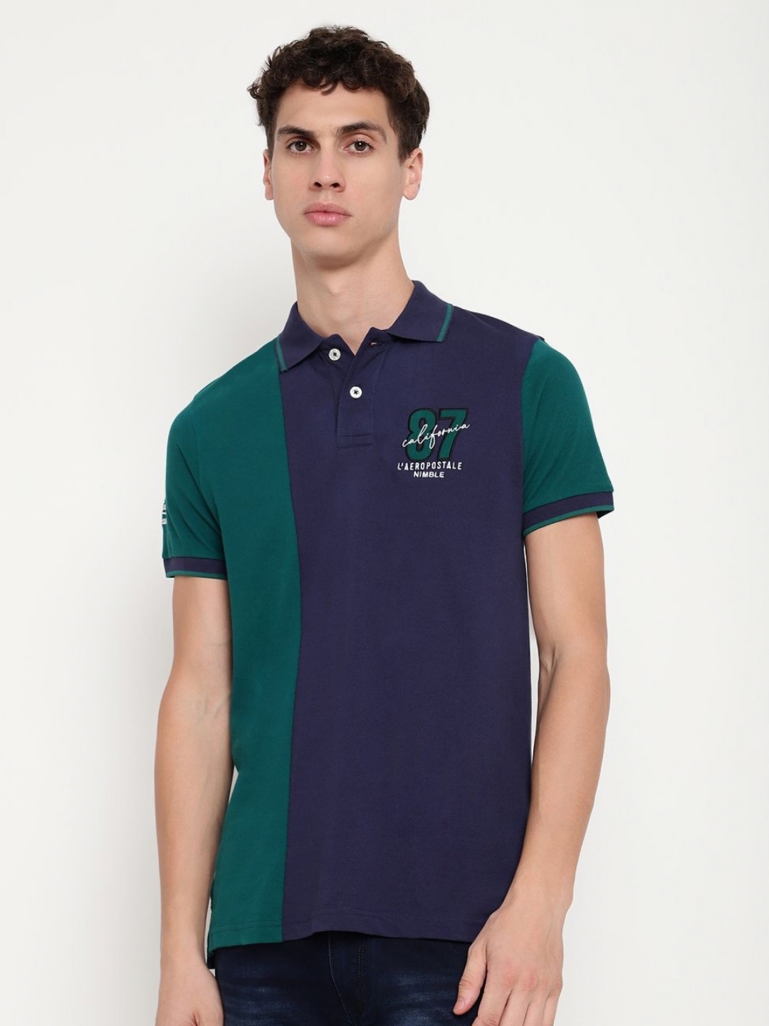 

Nimble Men Colourblocked Polo Collar Cotton T-Shirt, Navy blue