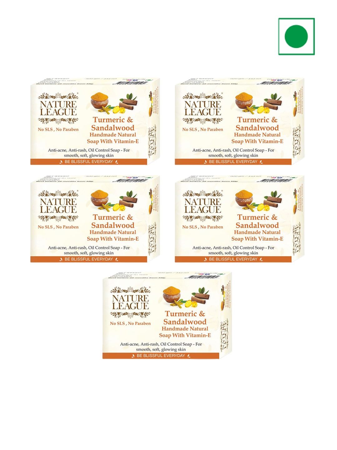 

NATURE LEAGUE Set Of 5 Turmeric & Sandalwood Natural Handmade Soap 100g Each, Yellow