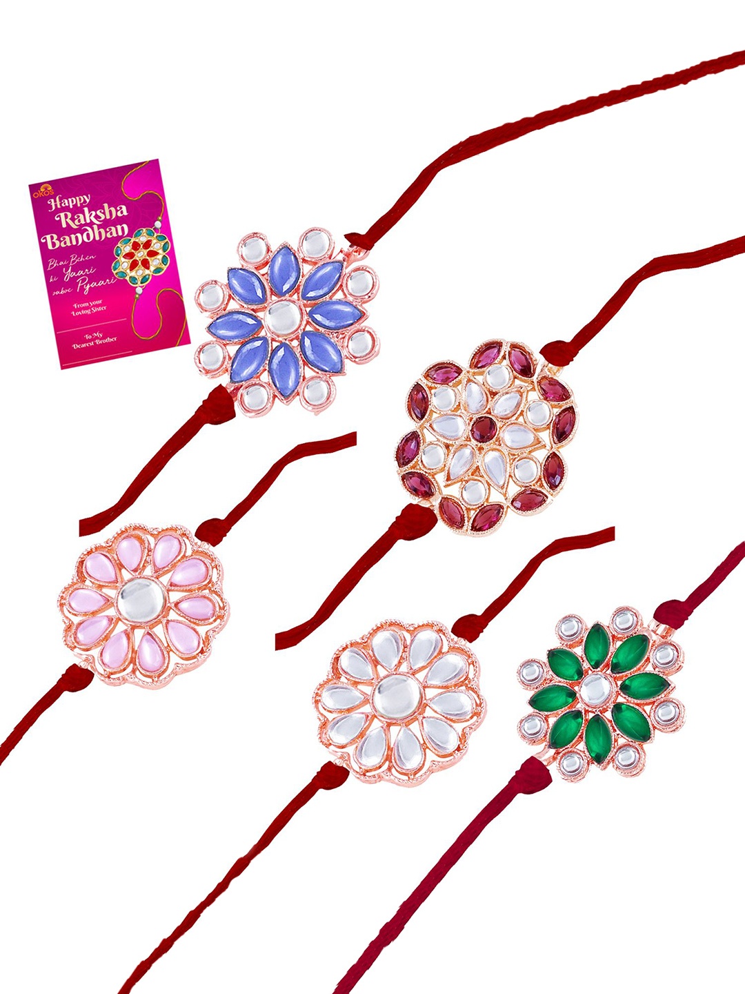 

Okos Set Of 5 Rose Gold Plated Blooming Floral Thread Rakhi