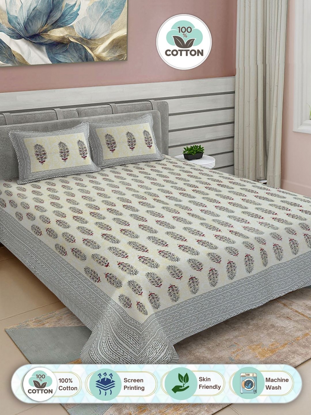 

FABINALIV Yellow & Off White Floral Print Pure Cotton King Size Bedsheet & 2 Pillow Covers