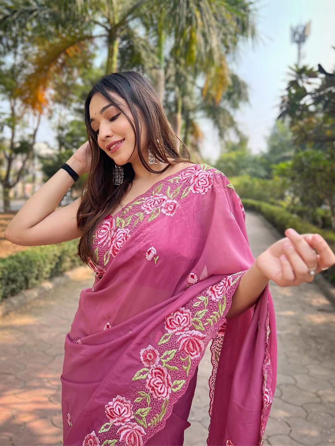 

Kalista Floral Embroidered Organza Saree, Pink