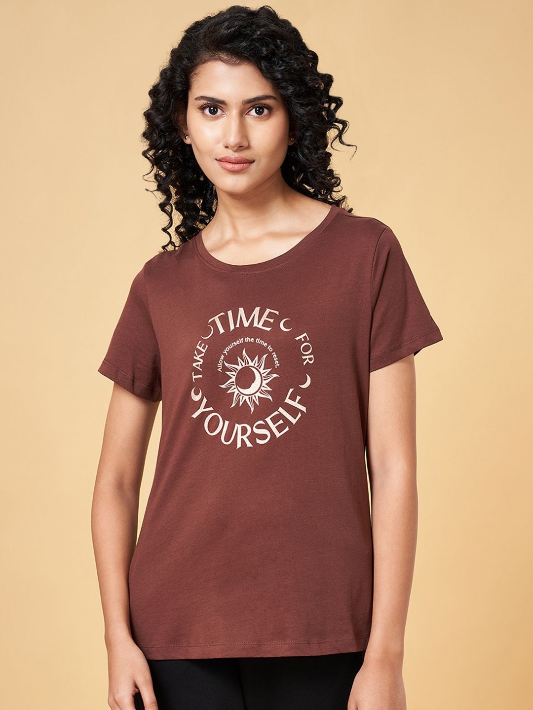 

Ajile by Pantaloons Women Typography Printed Round Neck Cotton T-Shirt, Brown