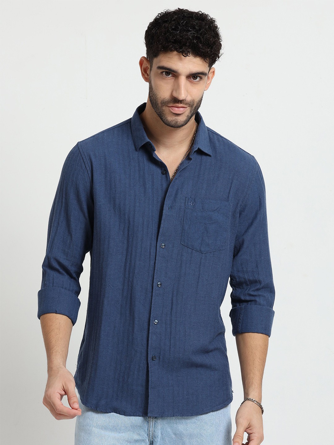 

URBARO Men Smart Solid Slim Fit Pure Cotton Casual Shirt, Blue