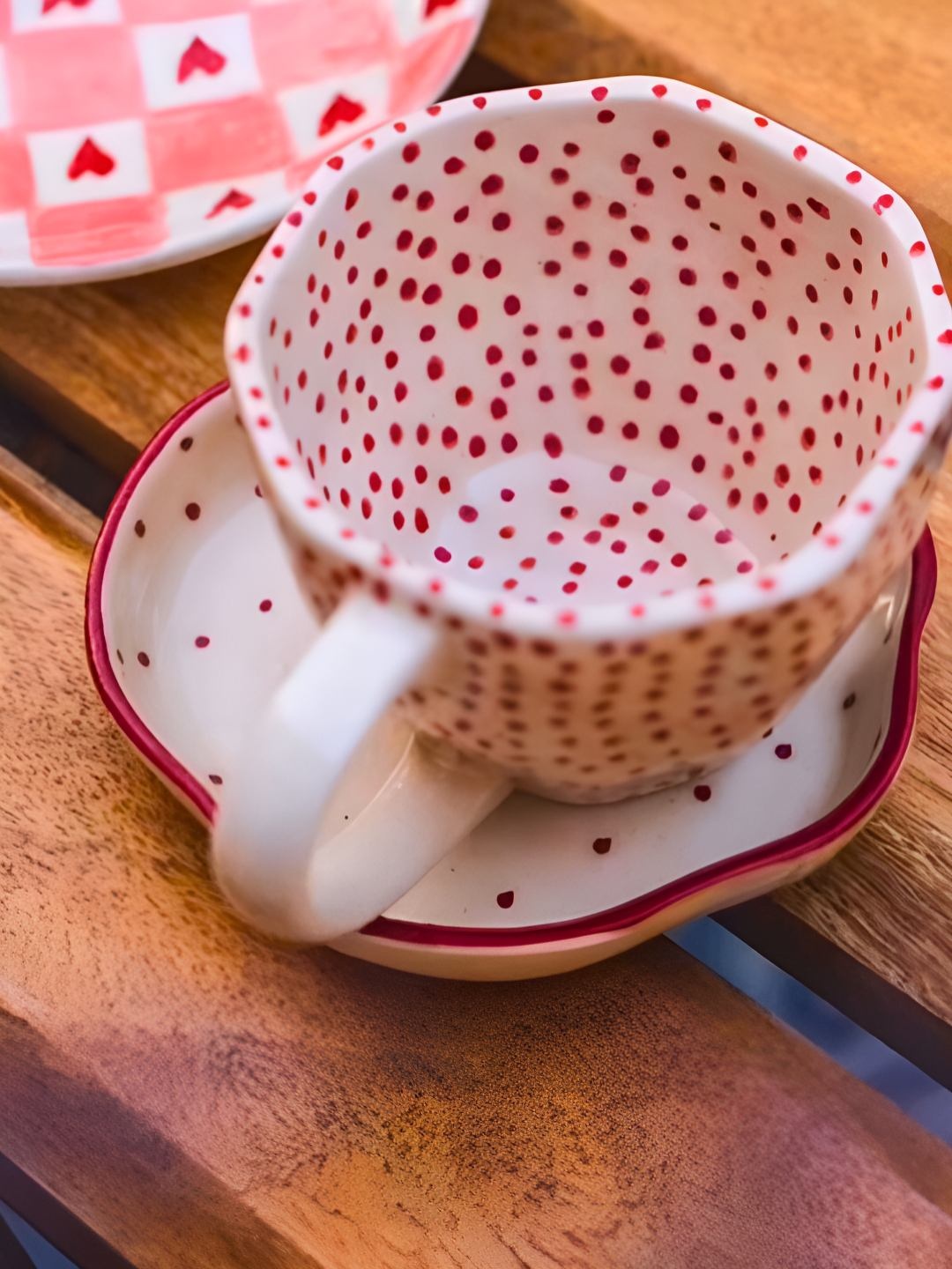 

WEAVING HOMES White & Red 2 Pieces Polka Dot Printed Ceramic Mug With Plate