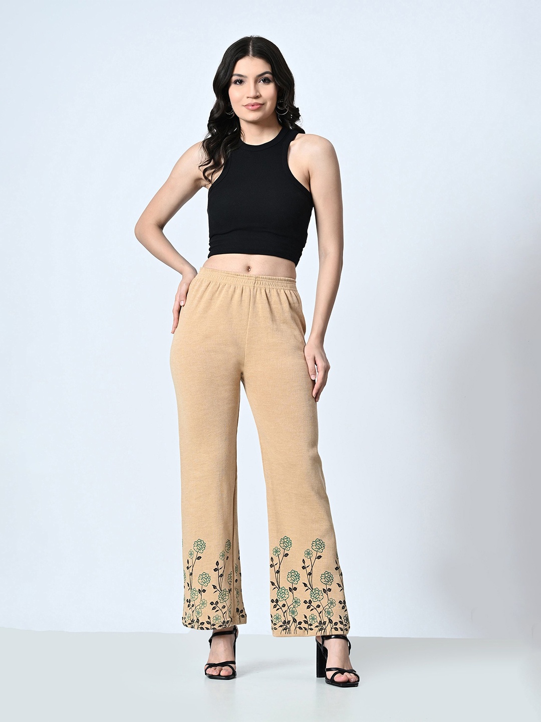 

BAESD Women Floral Printed Knitted Palazzos, Beige