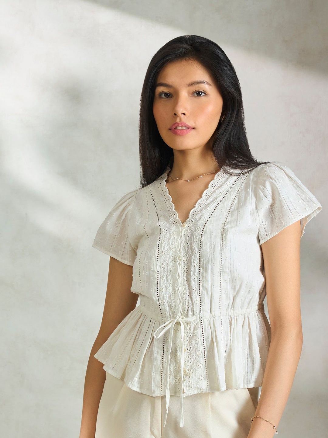 

Virgio Flutter Sleeve Cotton Cinched Waist Top, White