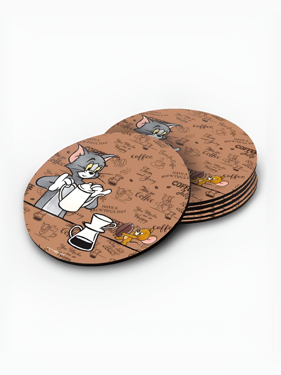

macmerise Brown & Black 6 Pcs Tom & Jerry Printed Wooden Circular Coasters