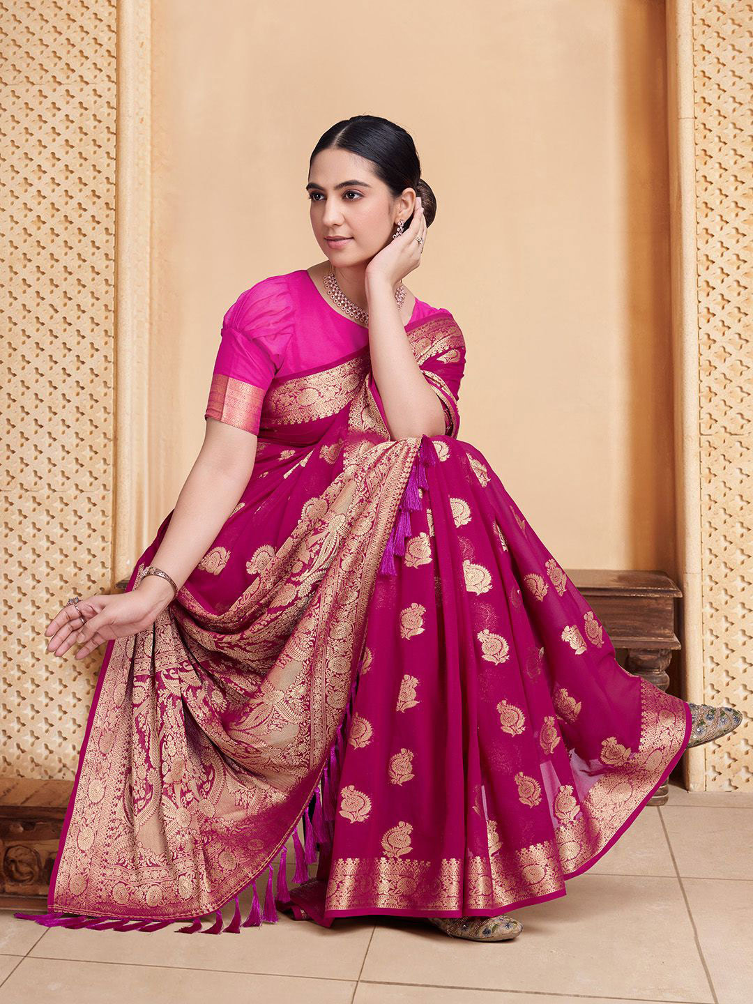 

House of Pataudi Woven Design Zari Work Pure Georgette Banarasi Saree, Pink