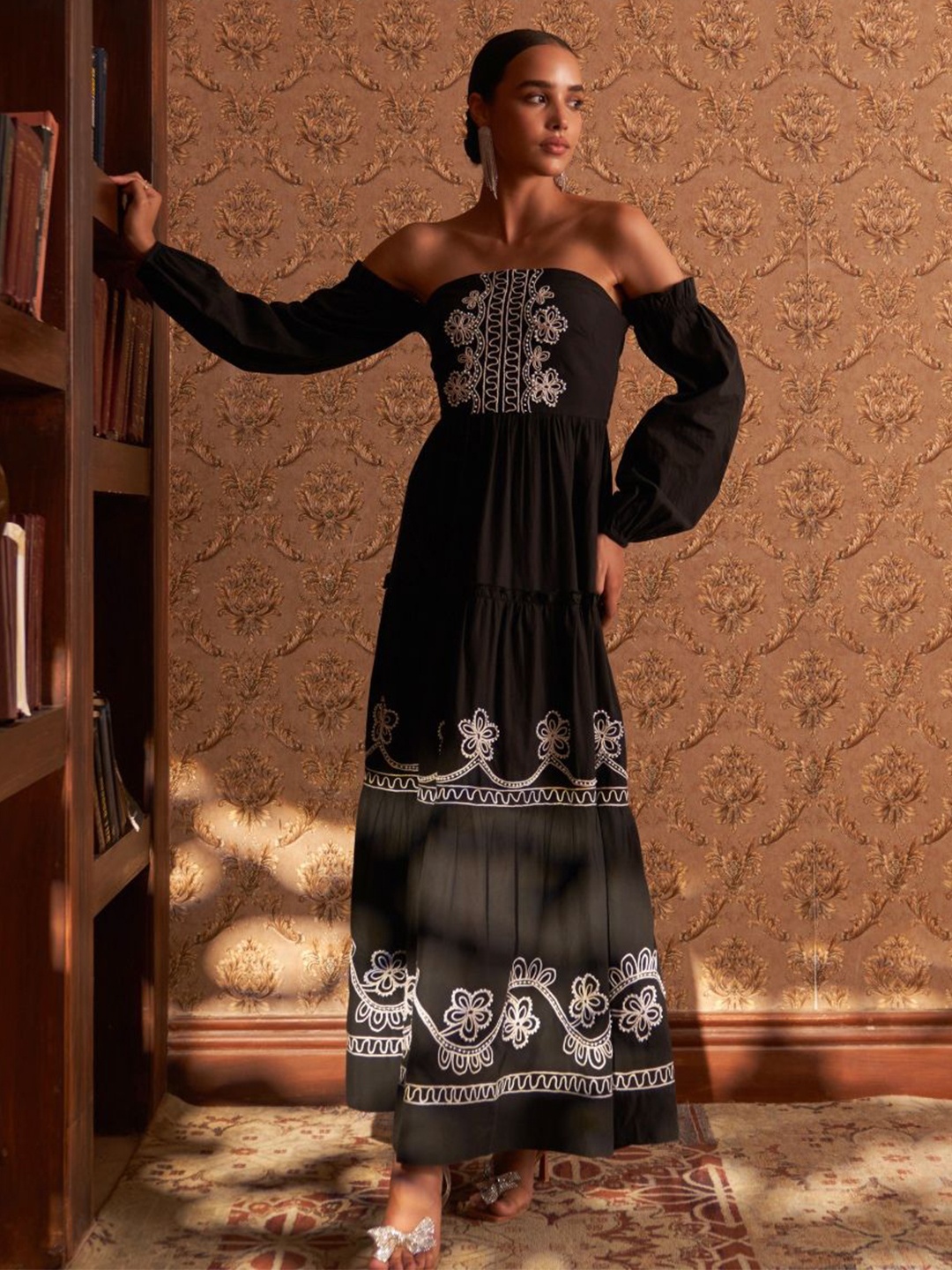 

Style Island Embroidered Off-Shoulder Maxi Dress, Black