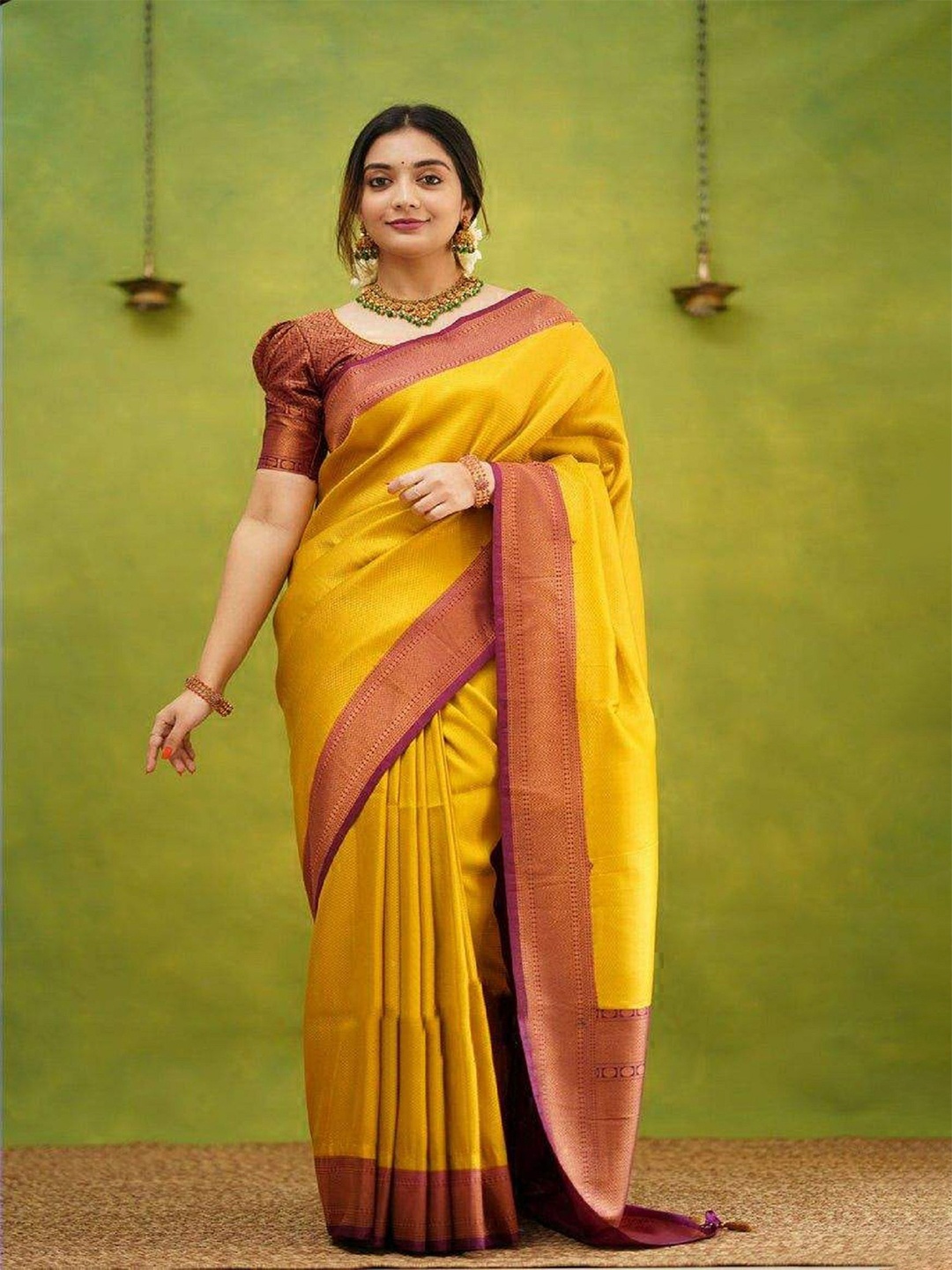 

LADY SHOPI Ethnic Motifs Zari Pure Silk Kanjeevaram Saree, Mustard