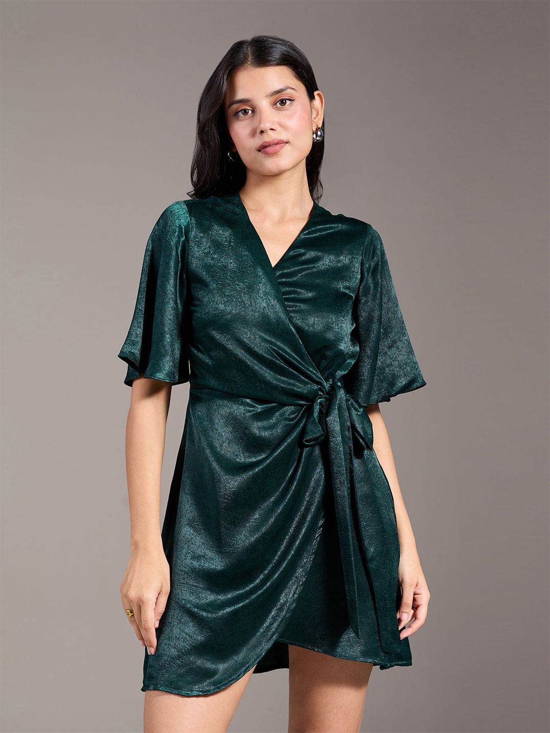 

20Dresses V-Neck Flared Sleeve Tie-Ups Wrap Dress, Green