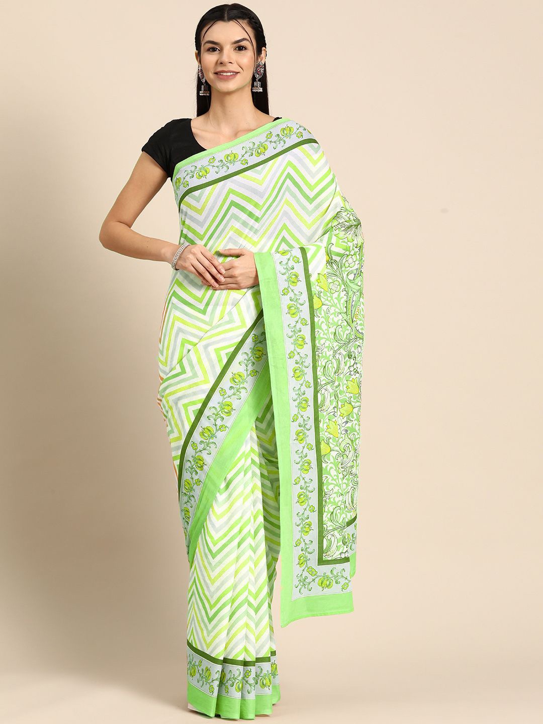 

BUTA BUTI Floral Pure Cotton Saree, Green