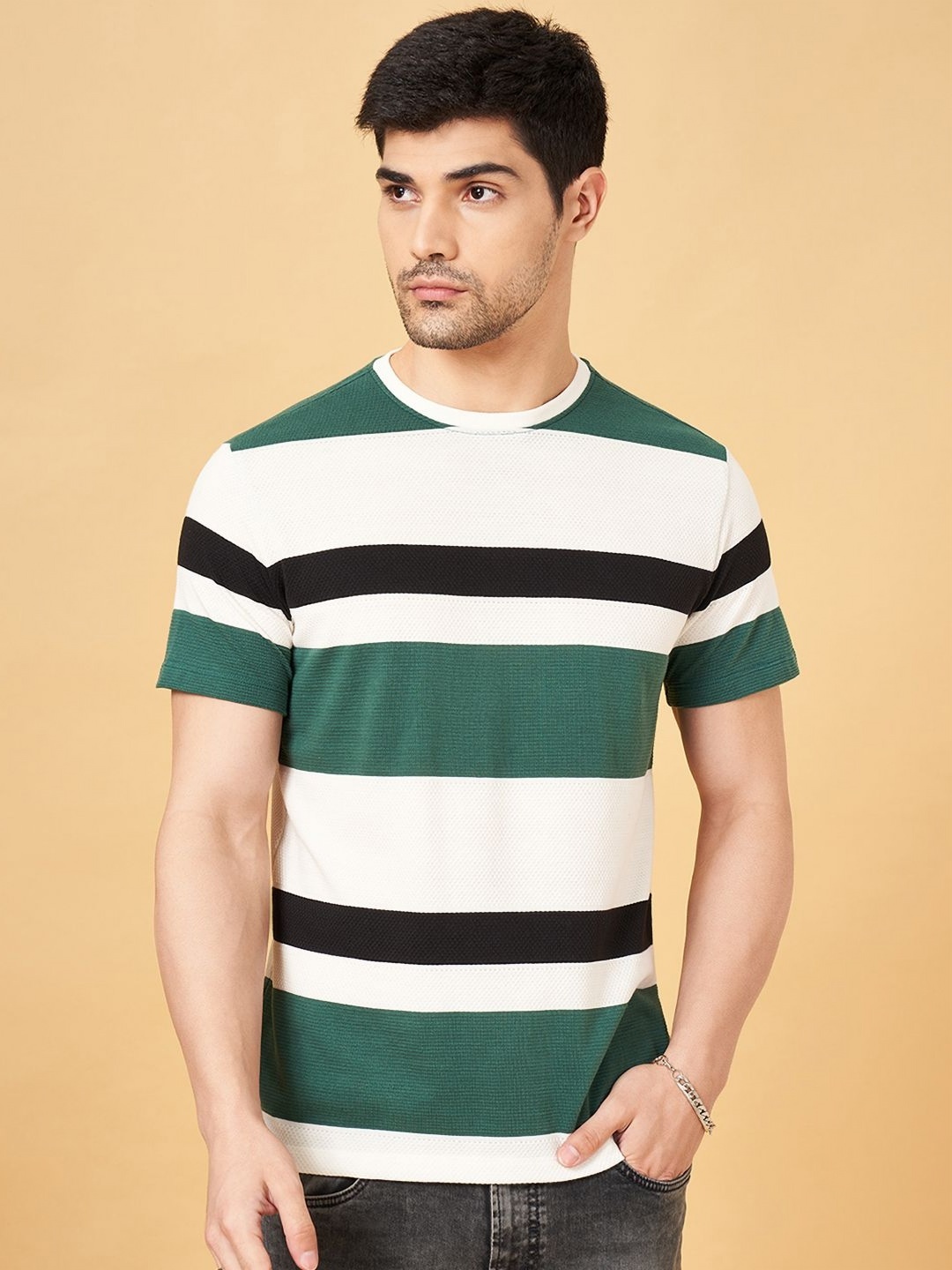

SF JEANS by Pantaloons Men Striped Round Neck Cotton Slim Fit T-Shirt, Green