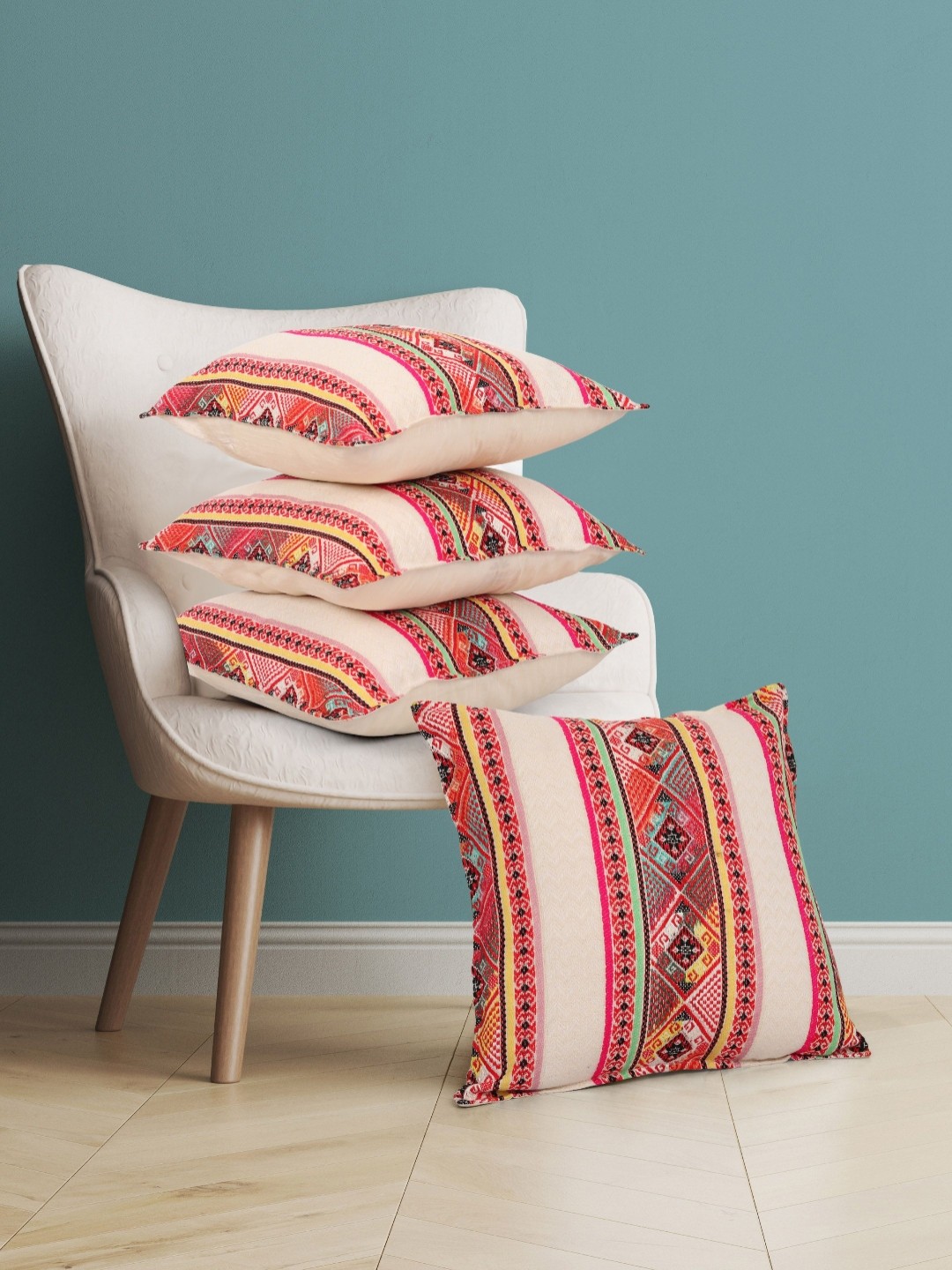 

Fashionhub Cream & Red 4 Pieces Self Design Cotton Square Cushion Covers