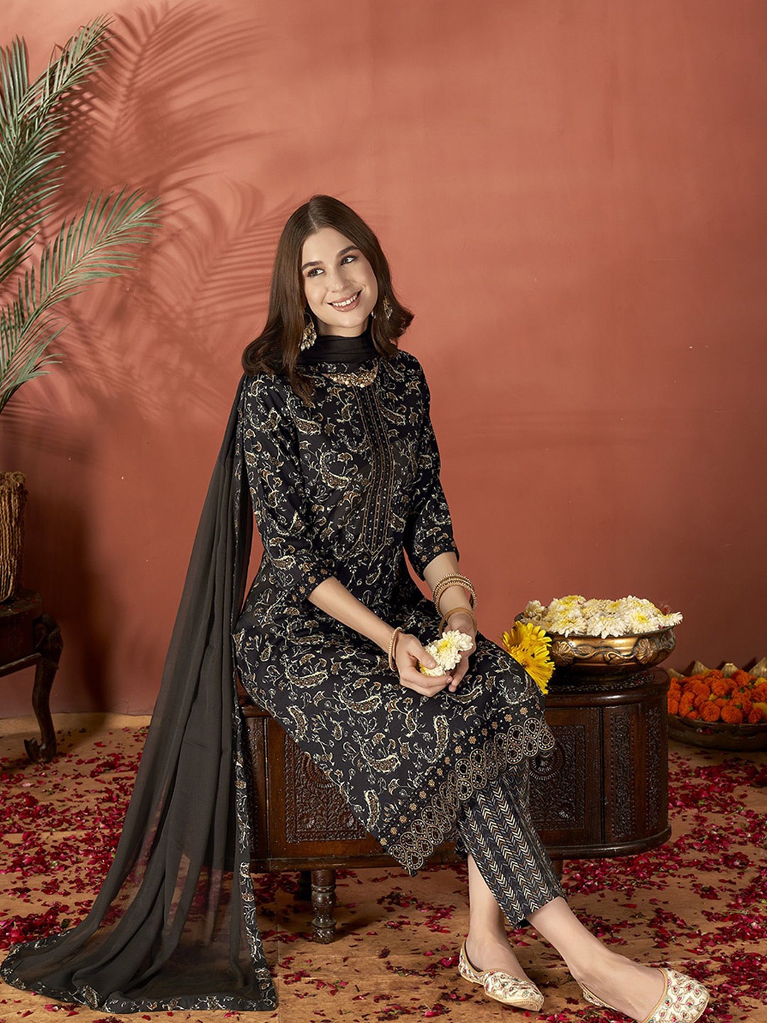 

Anouk Black Paisley Printed Sequinned Straight Kurta With Trouser & Dupatta