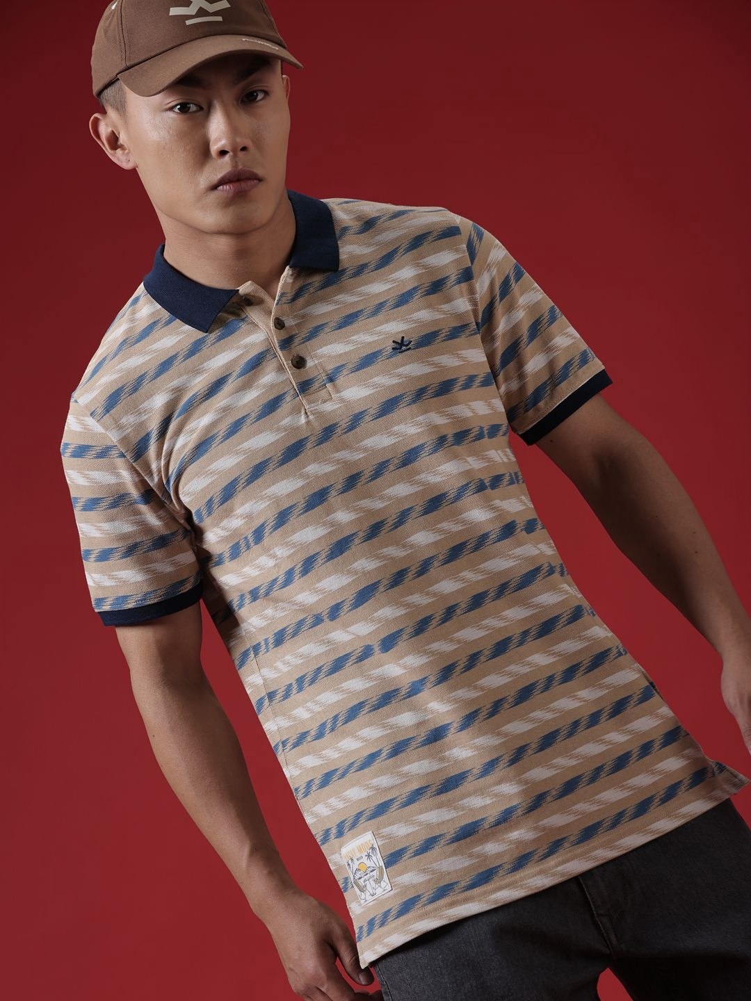

WROGN Men Striped Polo Collar Cotton Slim Fit T-shirt, Beige