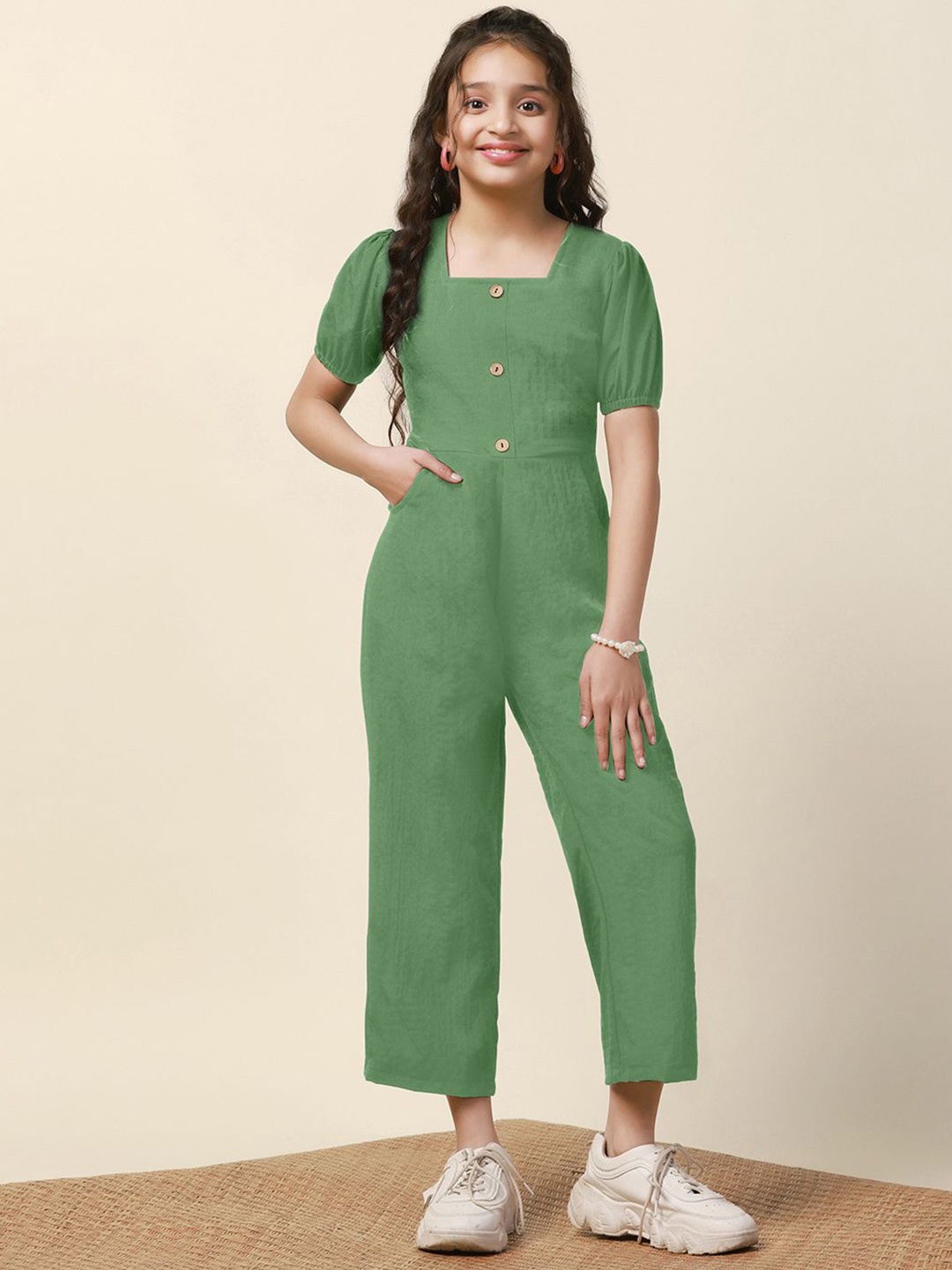 

BAESD Girls Puff Sleeves Basic Jumpsuit, Green