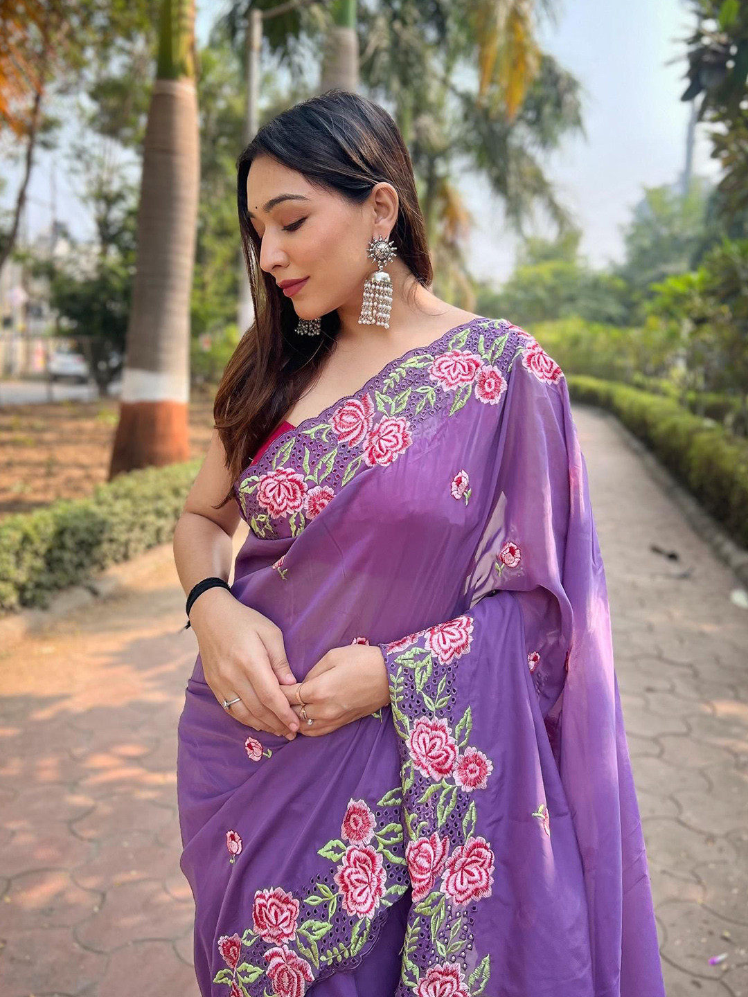

Kalista Floral Embroidered Organza Saree, Purple