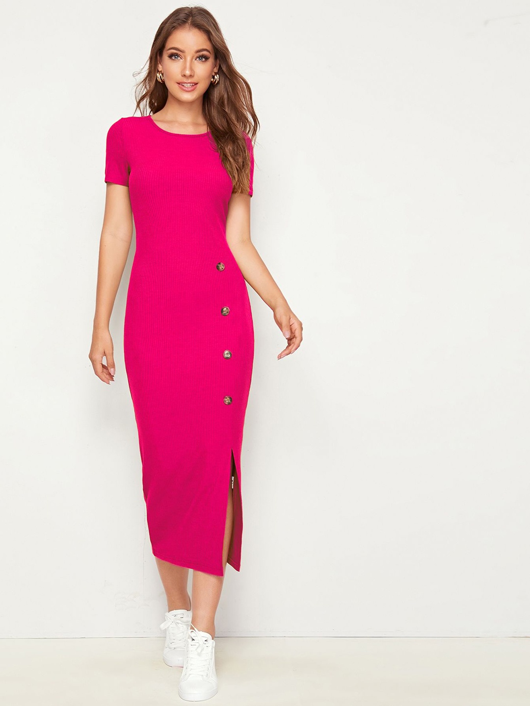 

Nalax Designs Round Neck Slim Fit Split Hem Bodycon Midi Dress, Pink
